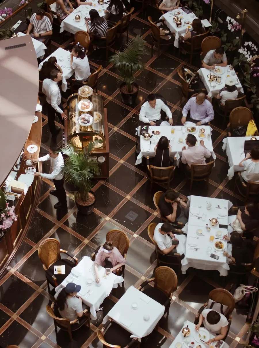 Overhead view of a dining room mid-service